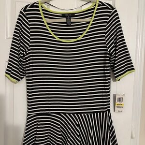 Style & Co Black and White Striped with neon green trim Women's Top